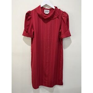 Vintage‎ Dress Womens Sz 11/12 Red Poof Sleeve Retro Striped 80s Dainty Secrets
